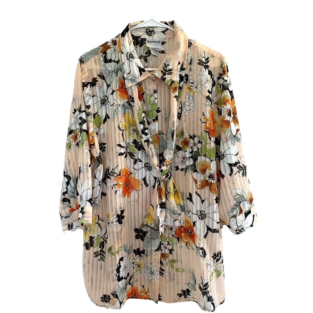 BonWorth Sheer Floral Button-Up Shirt Womens Medium VTG 70-80s Detachable Scarf